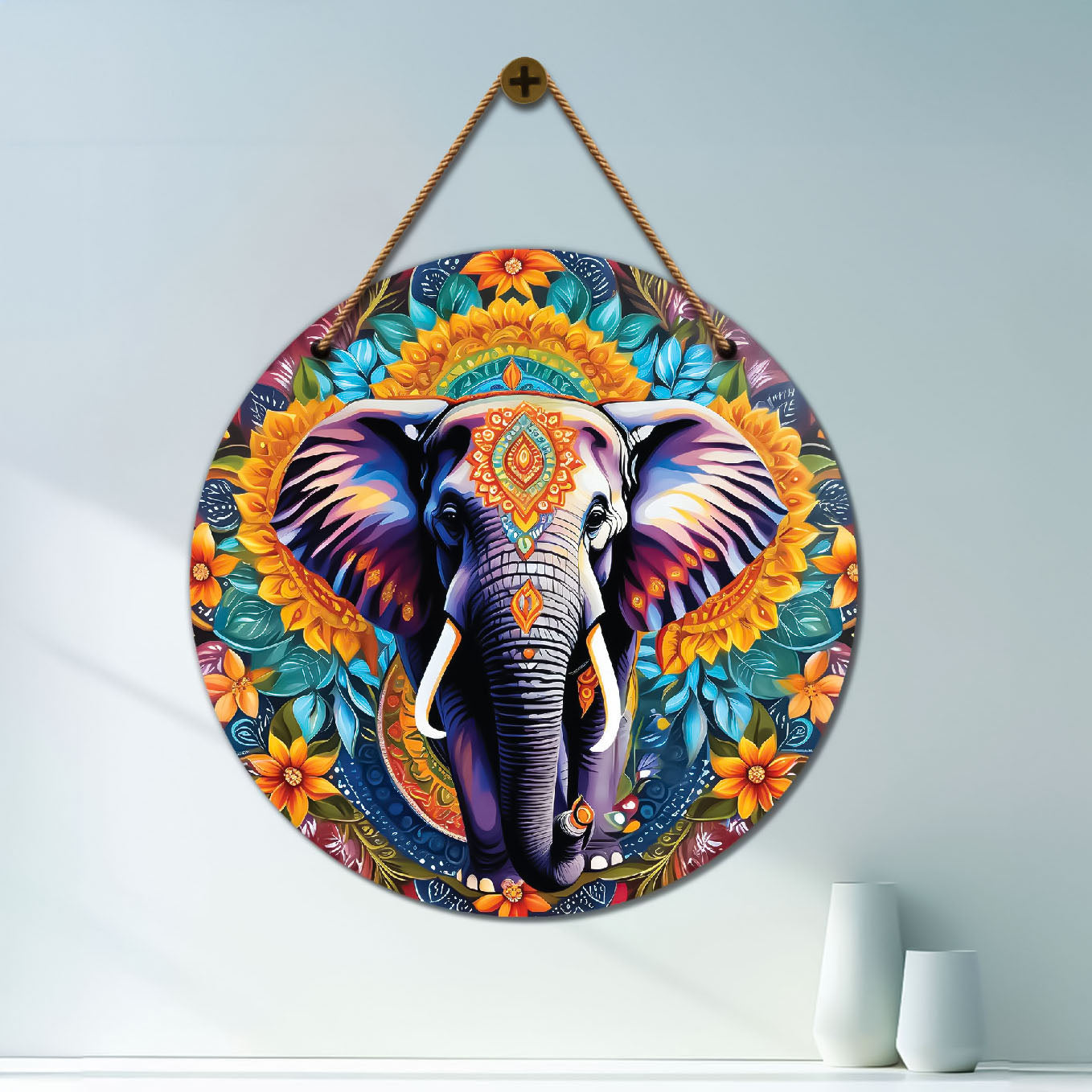 Elephant in green and golden mandala Round Wooden Wall Hanging for wall Décor - Design - 237