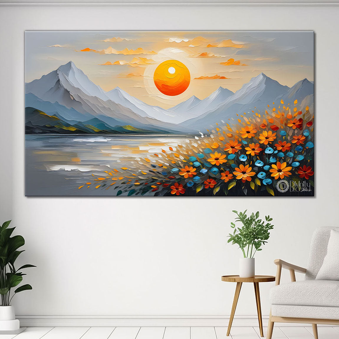 Mountains with flower field with pink sky painting Canvas Painting - Nature Art -237