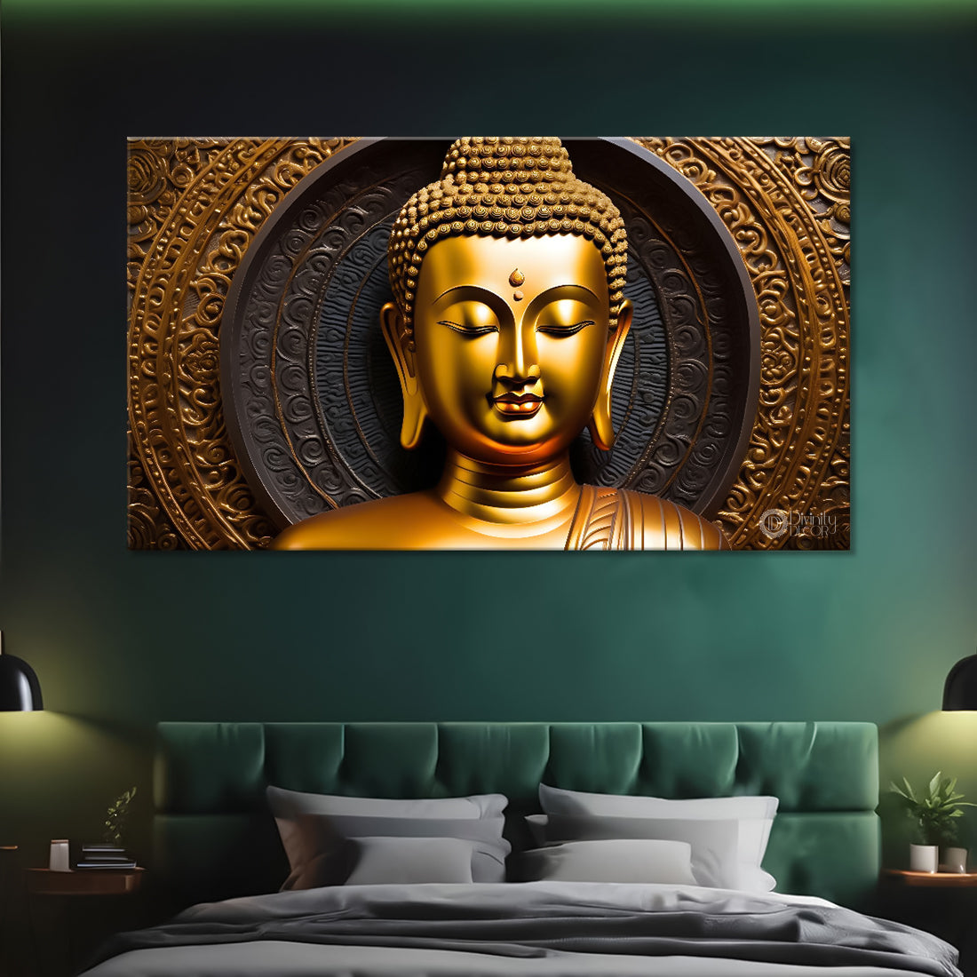 Golden buddha with golden textured background painting Canvas Wall Painting - Buddha-238