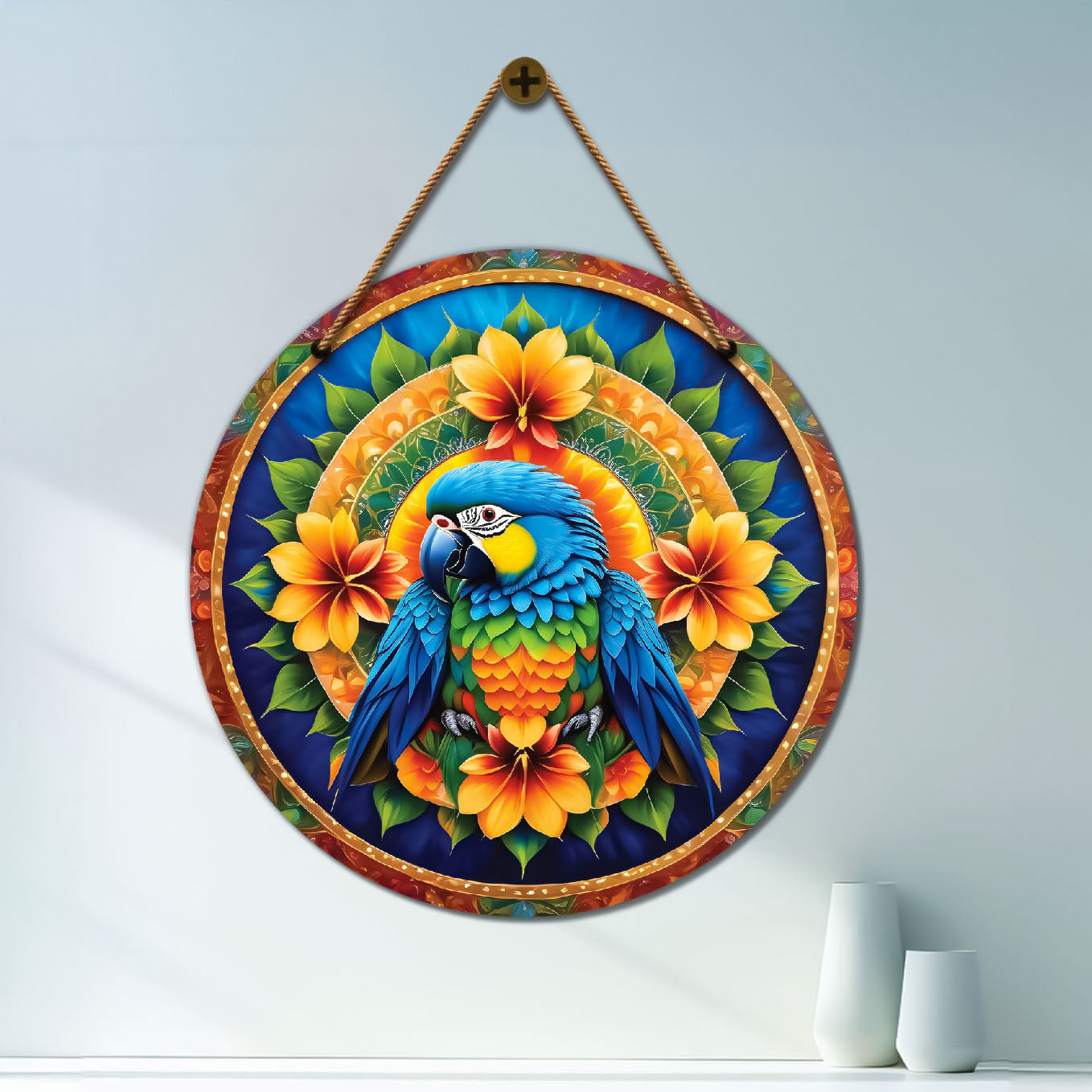 Parrot in green and yellow mandala Round Wooden Wall Hanging for wall Décor - Design - 238