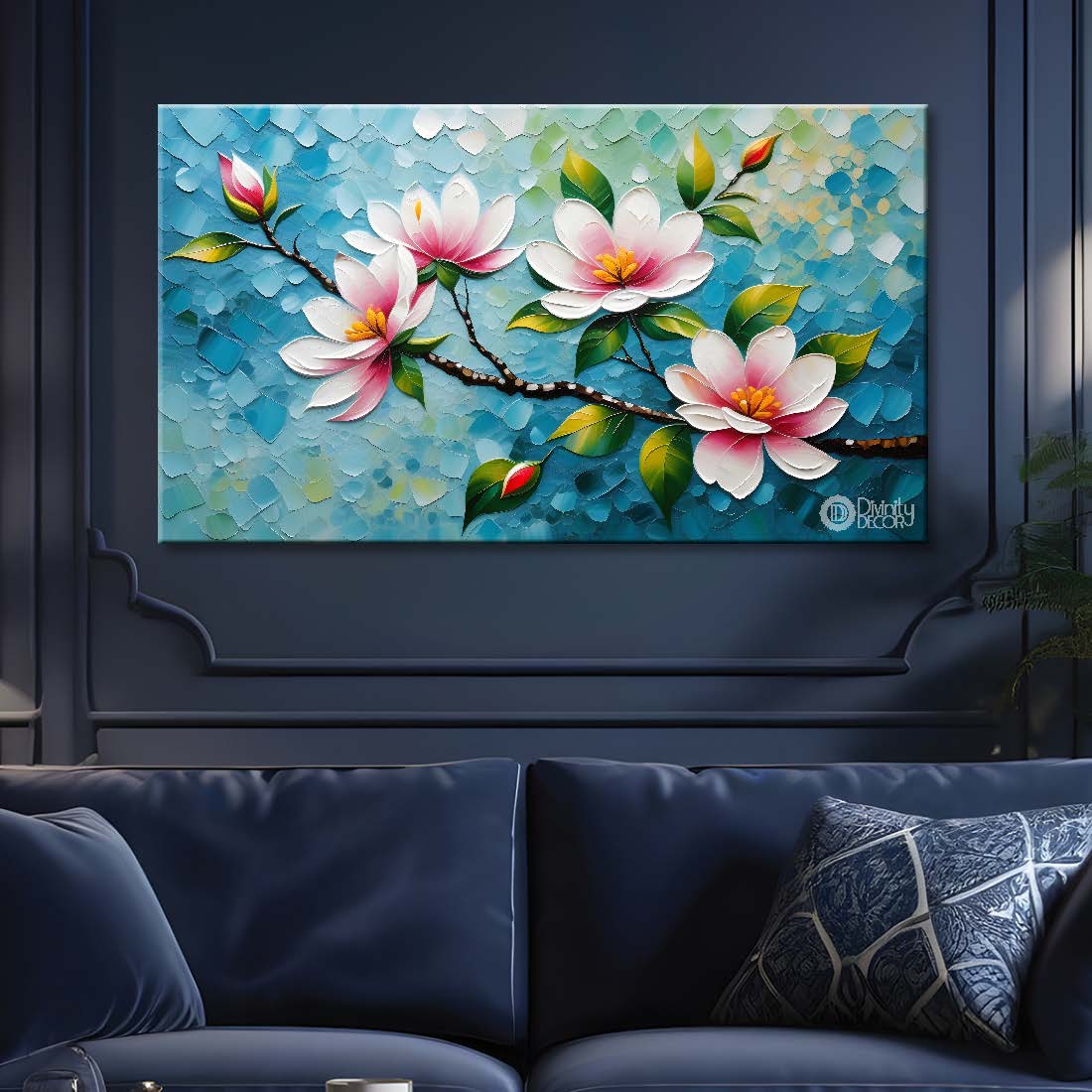 White flowers in blue background- Design - Flower-238