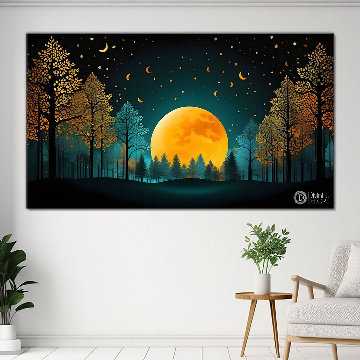 Trees with moon and green background Canvas Painting - Nature Art -238