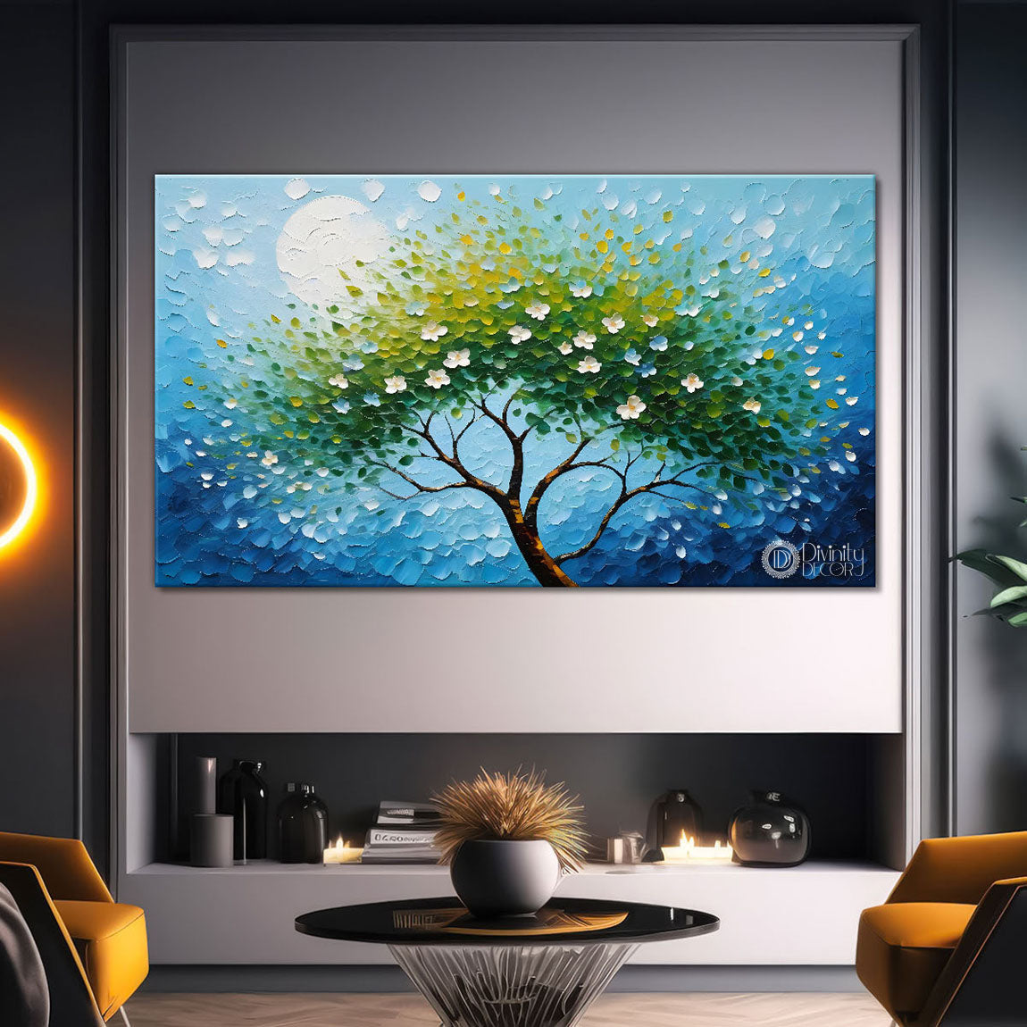 White flower tree in textured background oil painting- Design - Tree-238