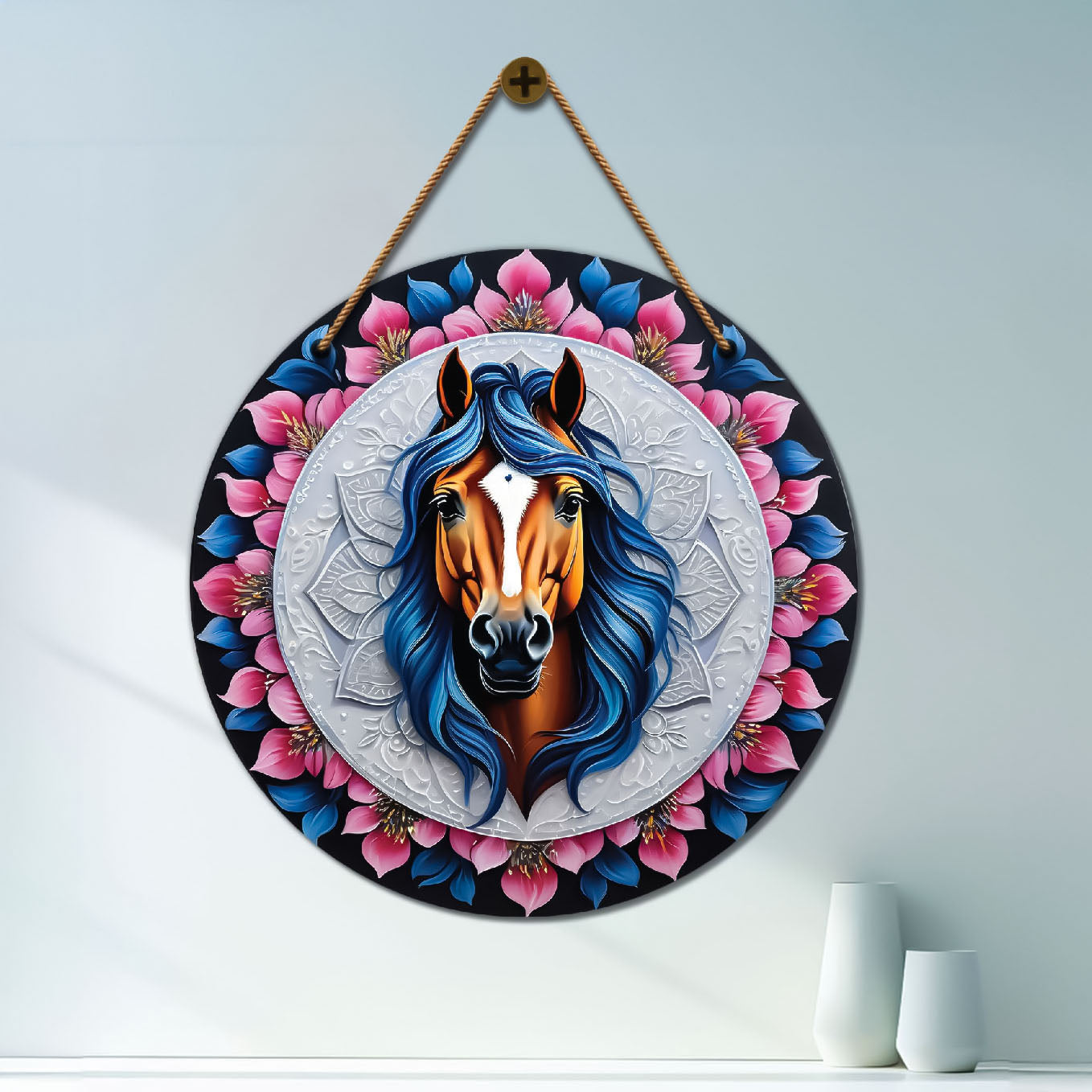 Horse in blue and pink mandala Round Wooden Wall Hanging for wall Décor - Design - 239