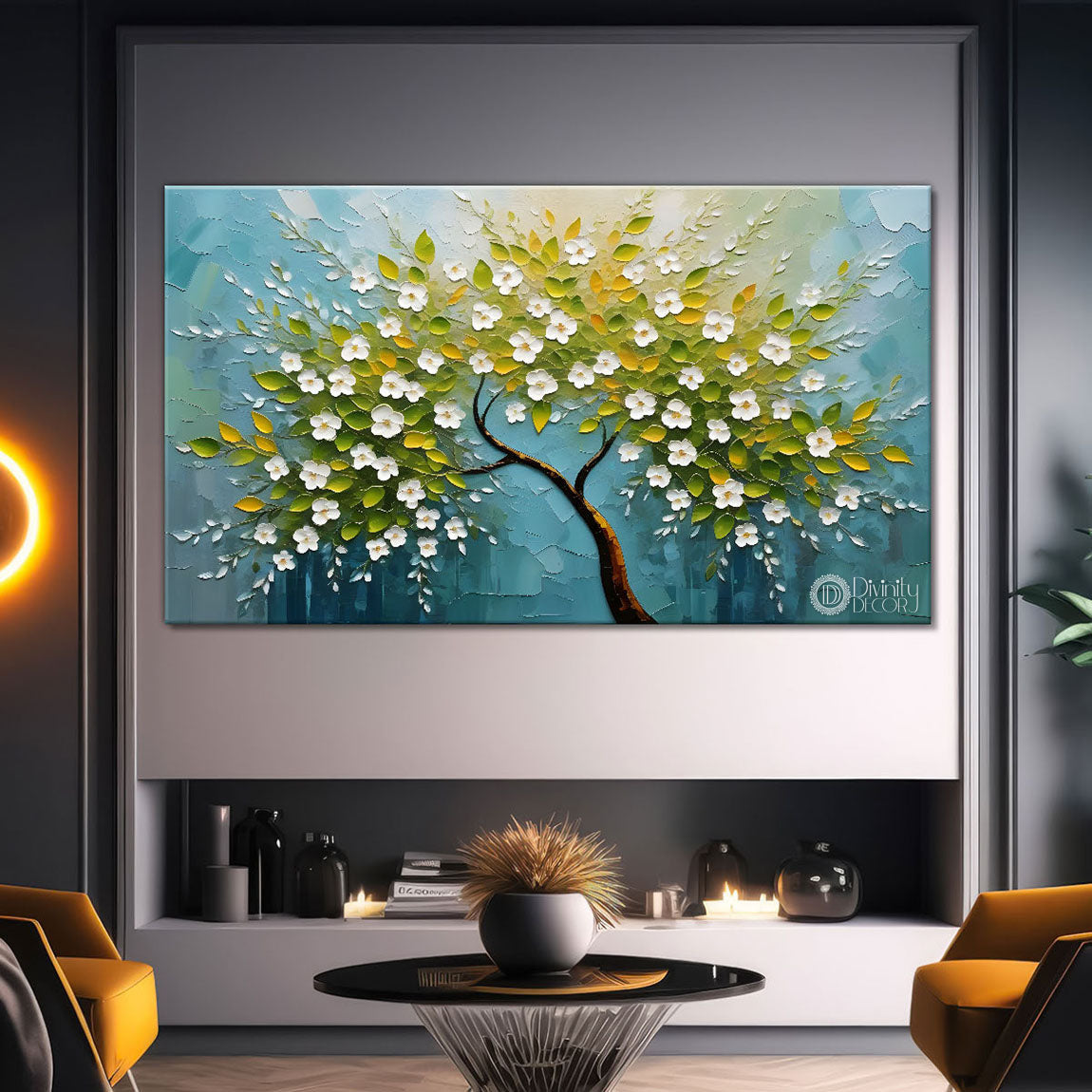 White flower tree in textured background oil painting- Design - Tree-239