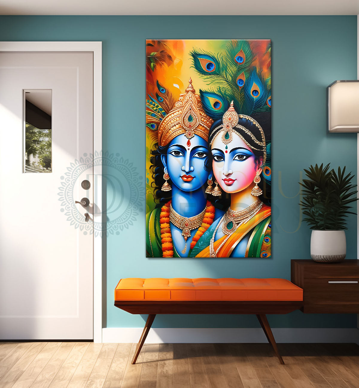 Blue face of krishna with radha in yellow background textured art Canvas Painting - Design - Krishna-V-23