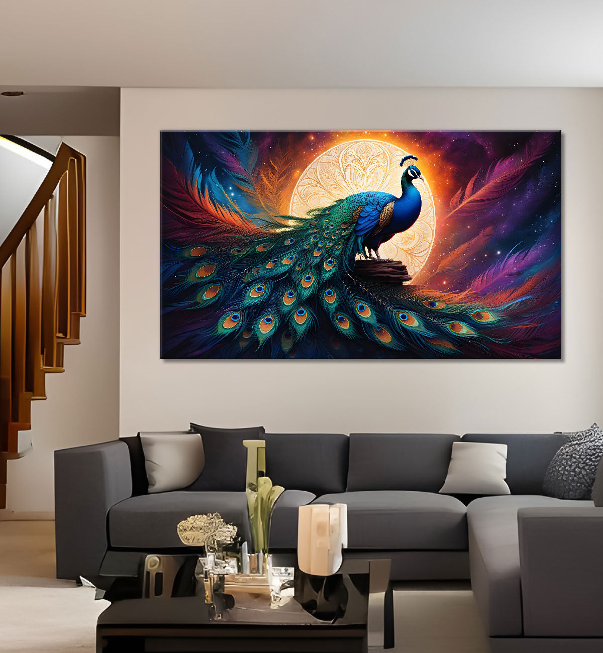 Peacock with sunrise modern art Canvas Painting - Design - Peacock-23