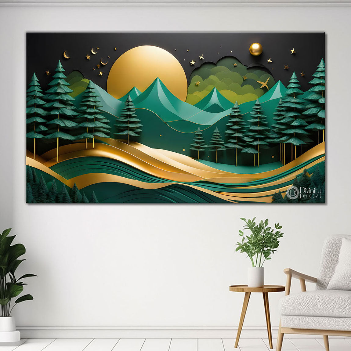 Green mountains with golden moon and trees Canvas Painting - Nature Art -240