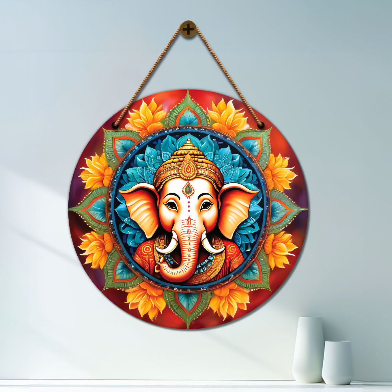 Ganesh Ji in blue and yellow mandala Round Wooden Wall Hanging for wall Décor - Design - 240