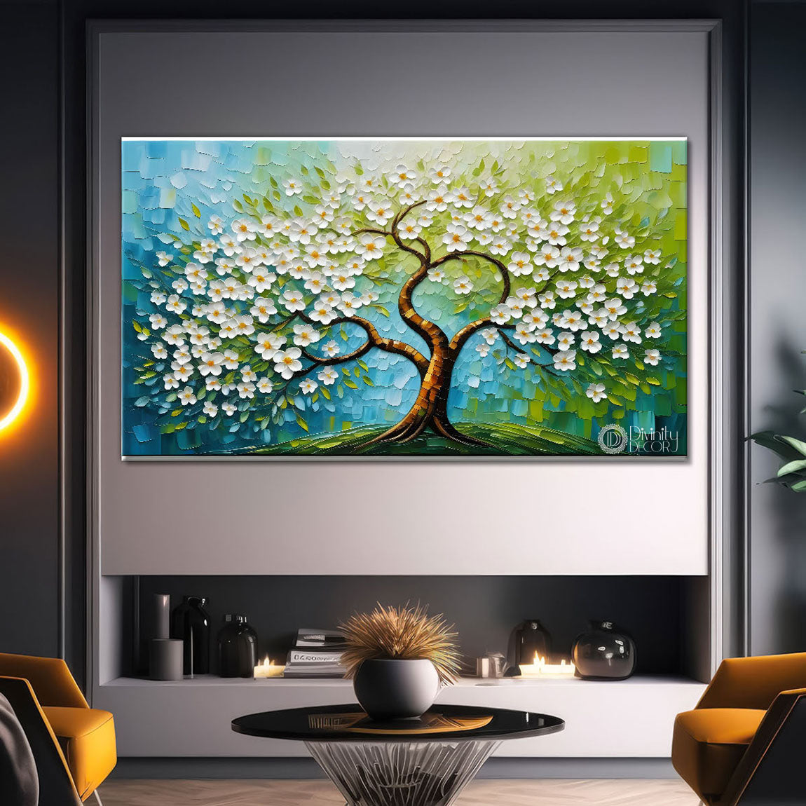 White flower tree in textured background oil painting- Design - Tree-240