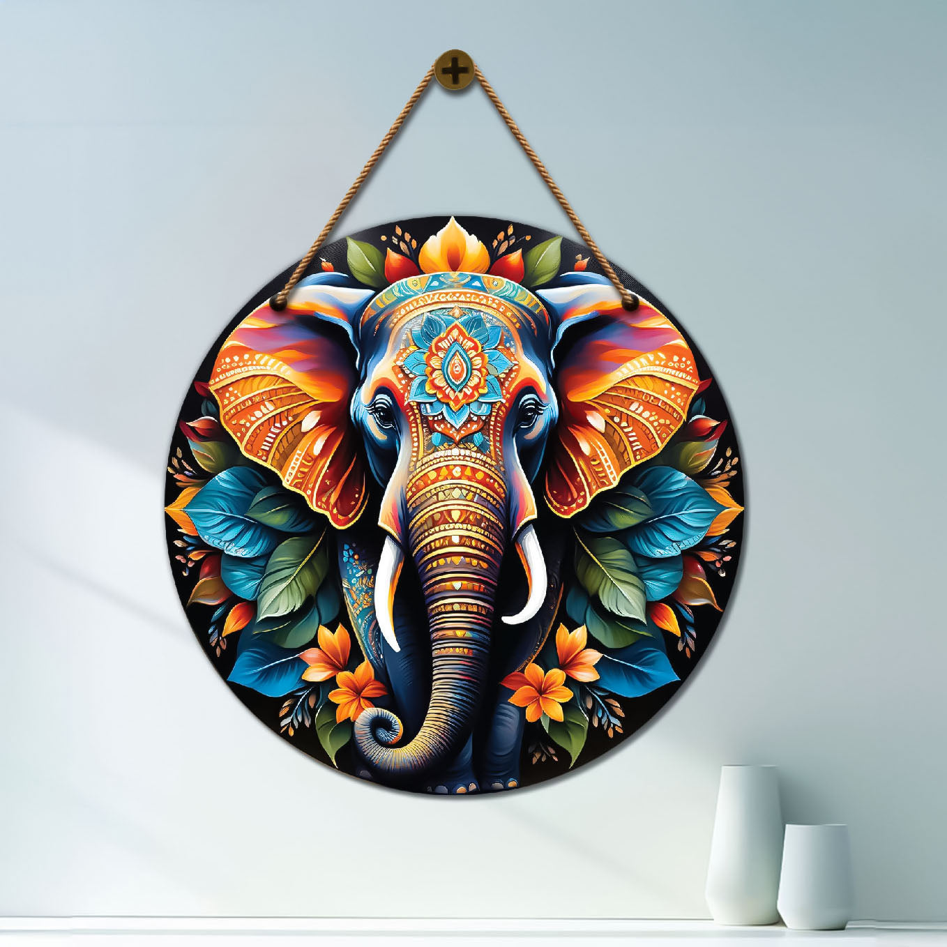 Elephant in blue and yellow mandala Round Wooden Wall Hanging for wall Décor - Design - 241