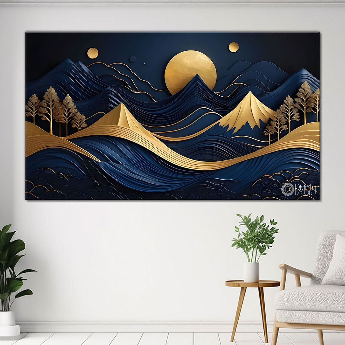 Blue mountains with golden moon and tree Canvas Painting - Nature Art -241