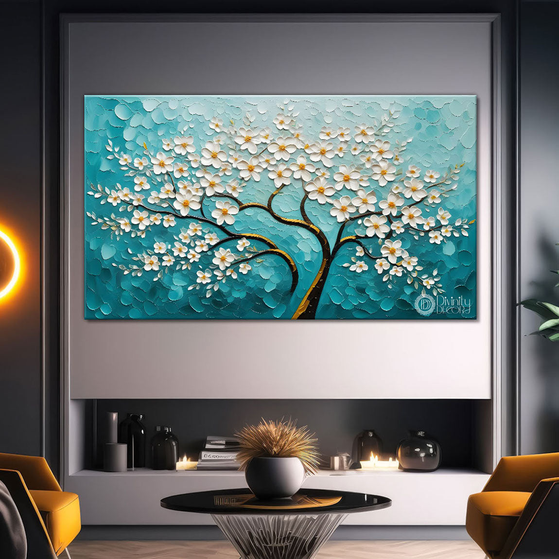 White flower tree in textured background oil painting- Design - Tree-241