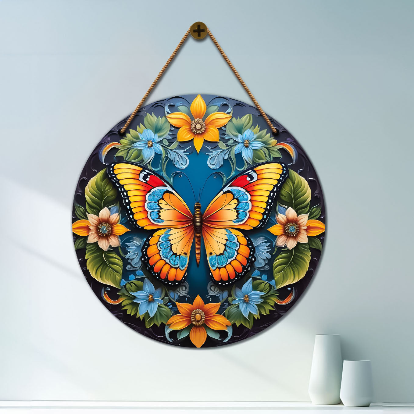 Butterfly in green and yellow mandala Round Wooden Wall Hanging for wall Décor - Design - 242