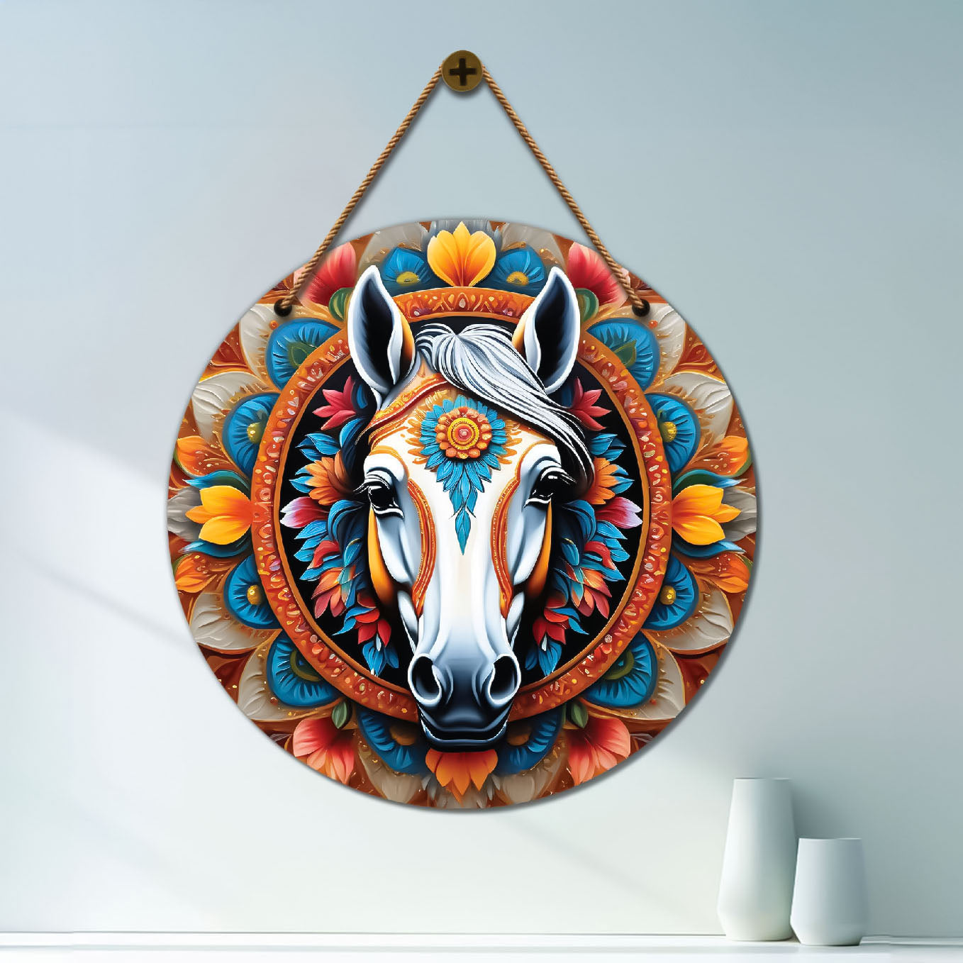 Horse in blue and yellow mandala Round Wooden Wall Hanging for wall Décor - Design - 243