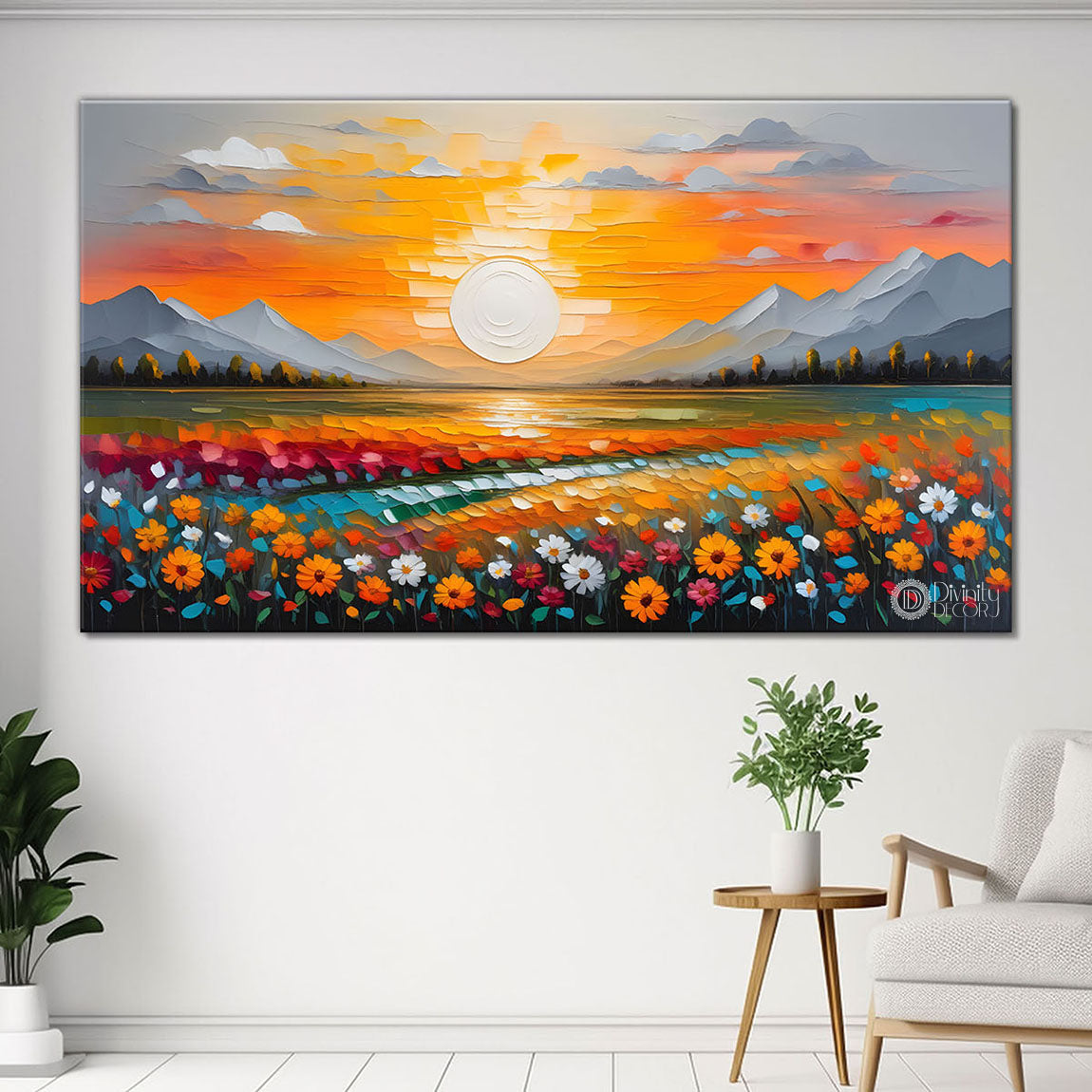 Mountains with flowers and sunset painting Canvas Painting - Nature Art -243