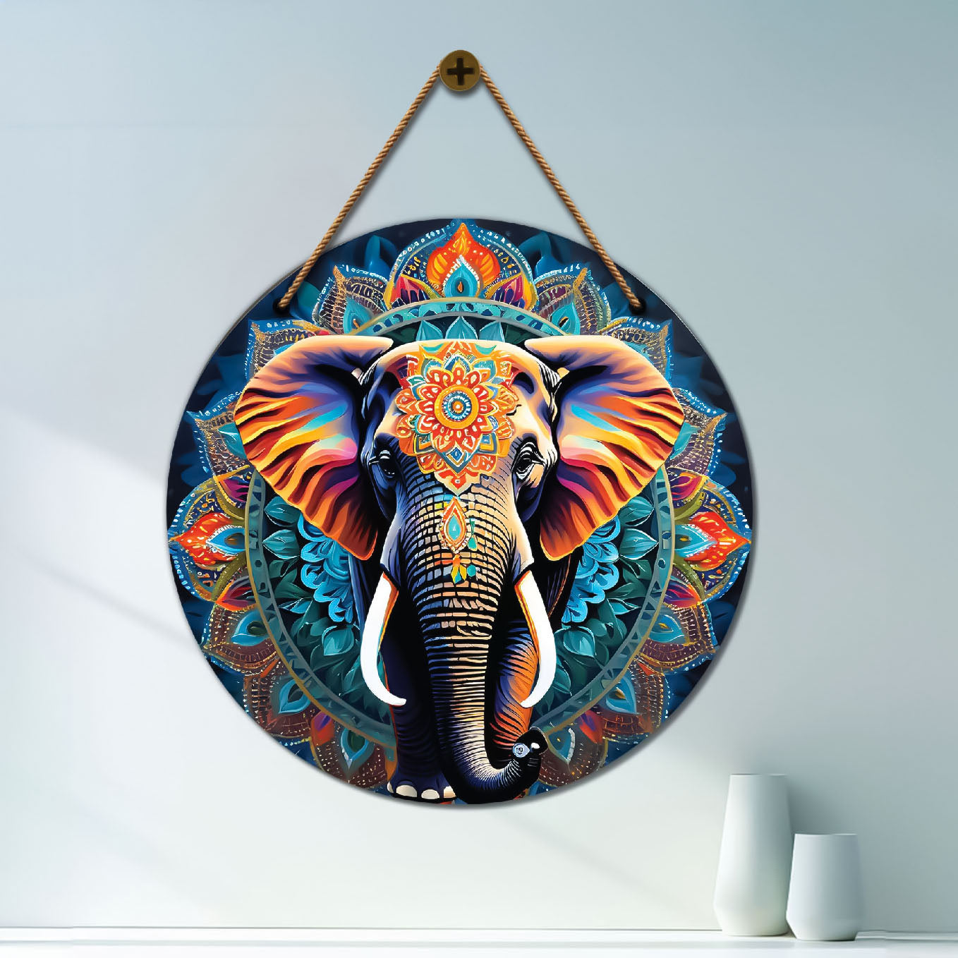 Elephant in blue and orange mandala Round Wooden Wall Hanging for wall Décor - Design - 244