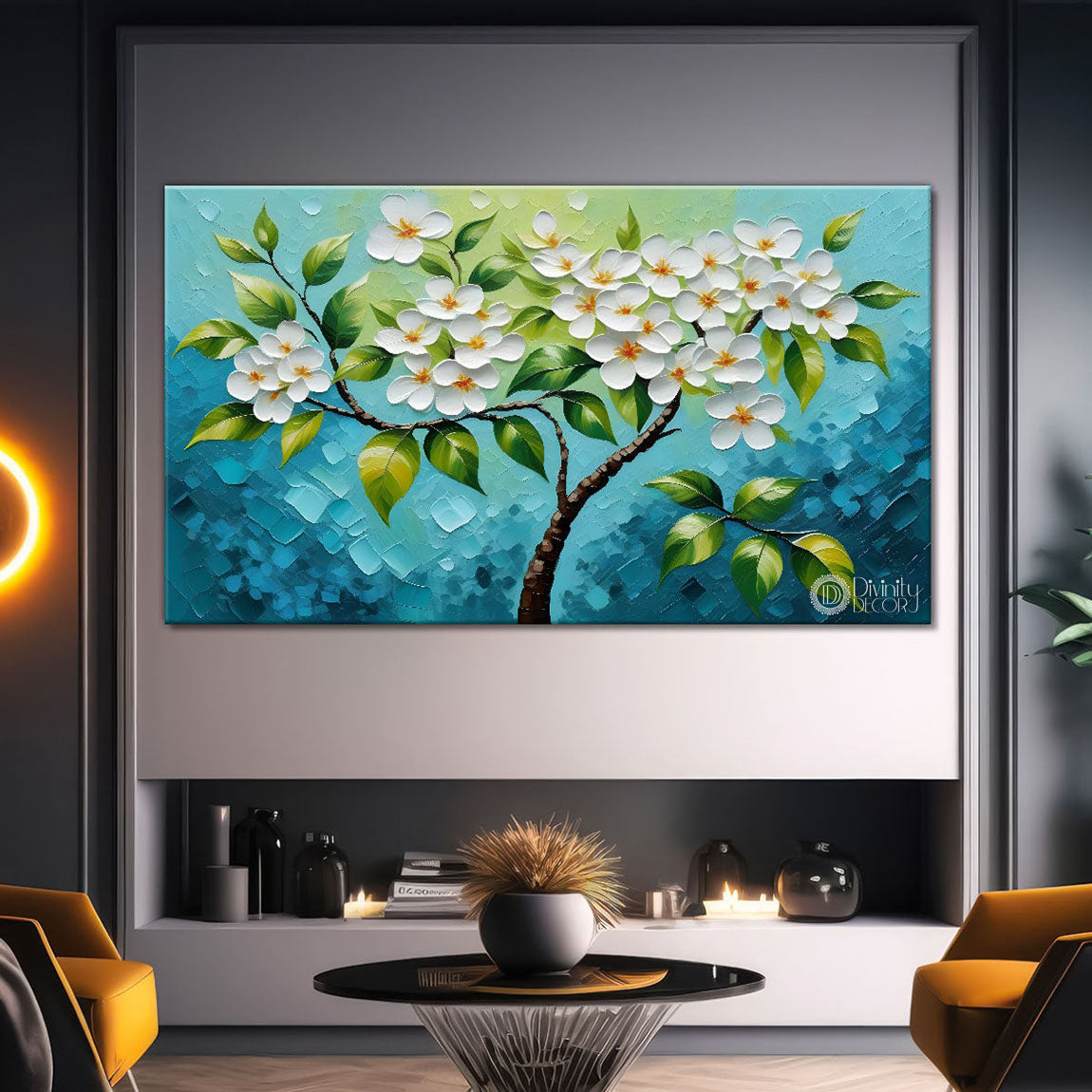 White flower tree in textured background oil painting- Design - Tree-244