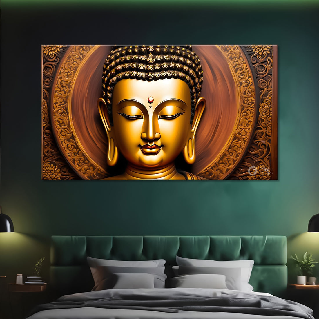 Golden buddha with golden textured background painting Canvas Wall Painting - Buddha-245