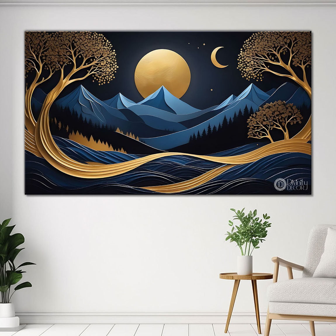 Blue mountains with golden moon and tree Canvas Painting - Nature Art -245