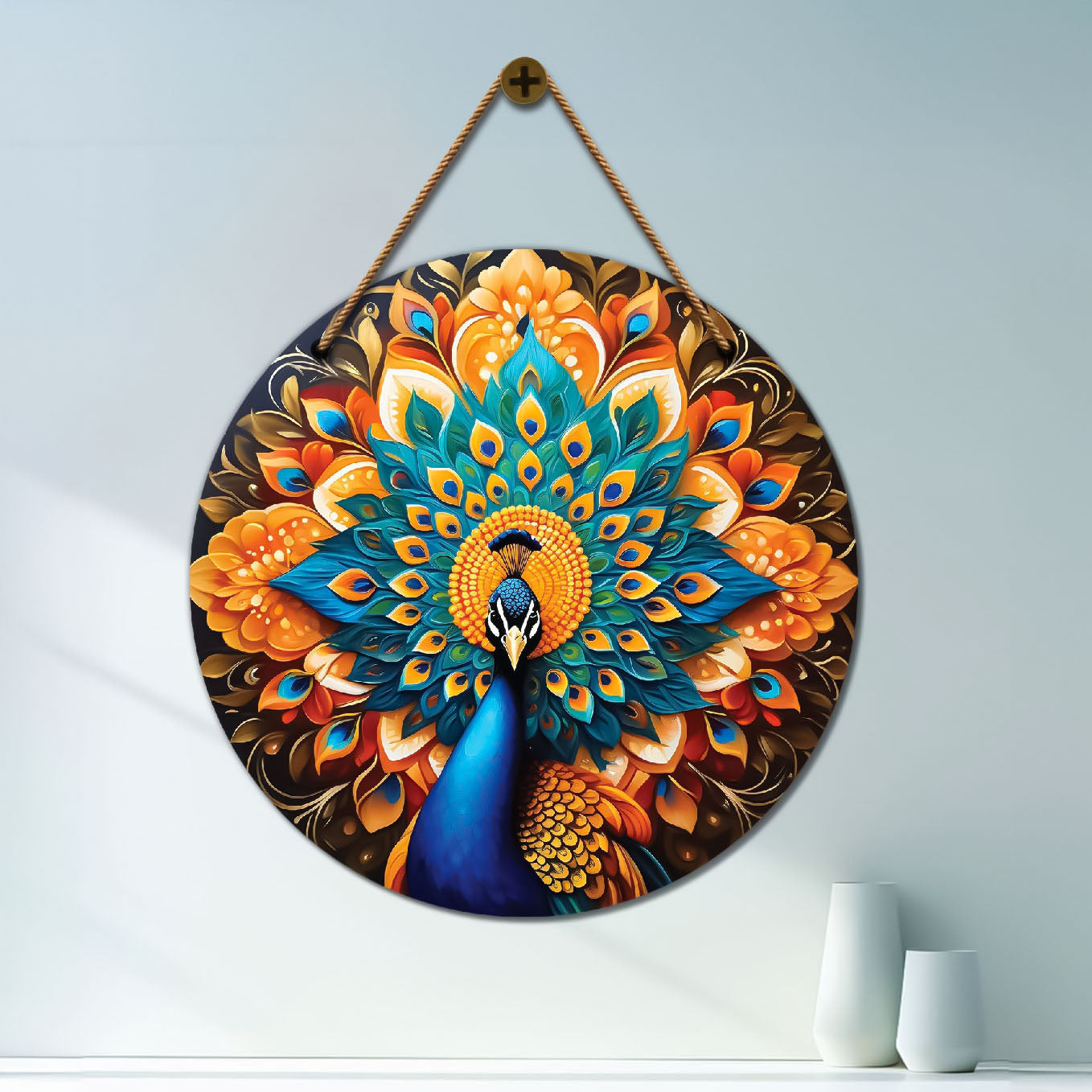 Peacock in green and golden mandala Round Wooden Wall Hanging for wall Décor - Design - 245