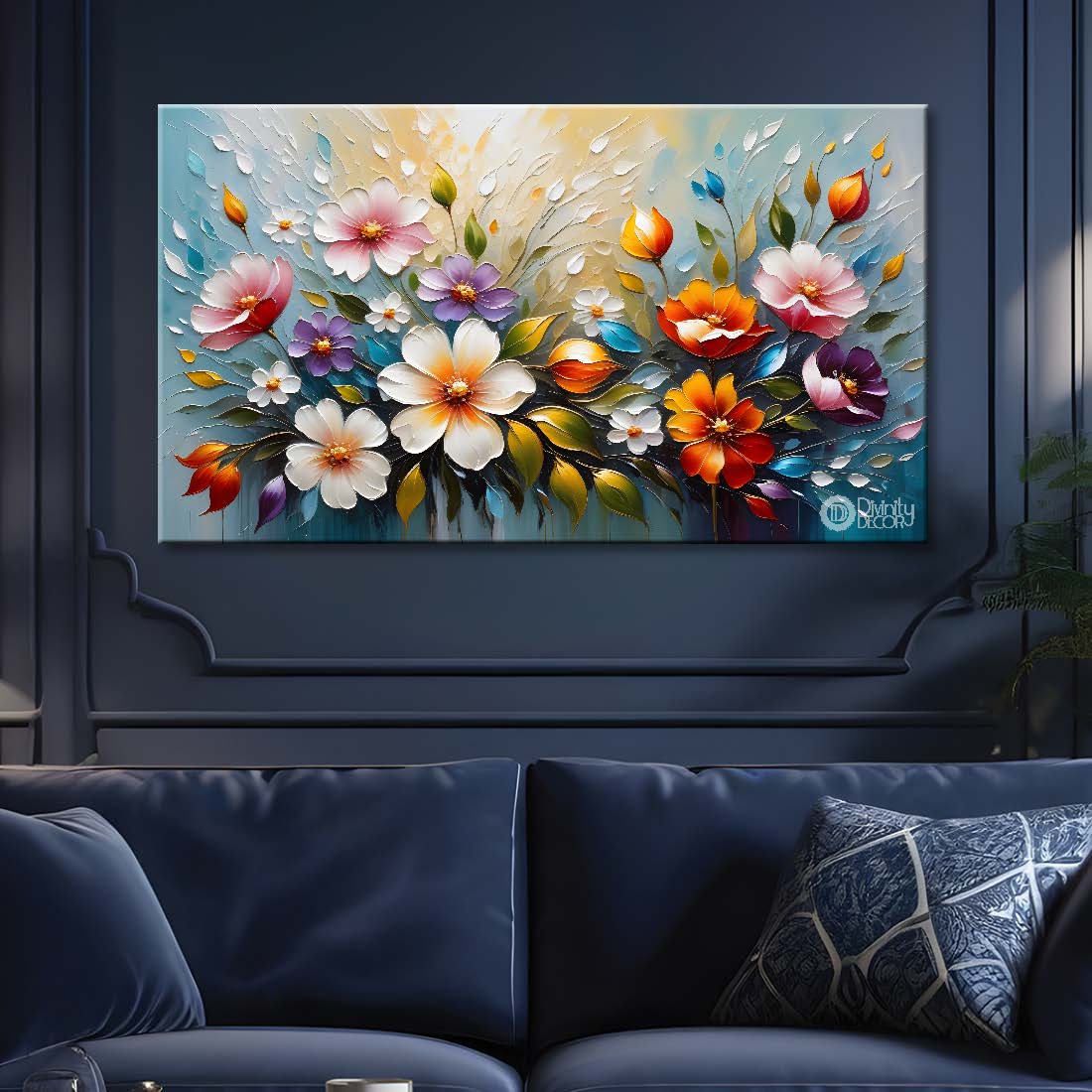 Colorful flowers in blue background- Design - Flower-246