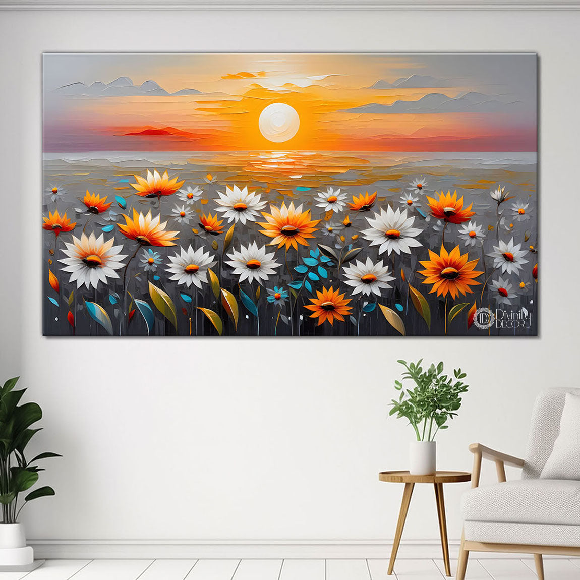 Sunset and flowers in textured painting Canvas Painting - Nature Art -246