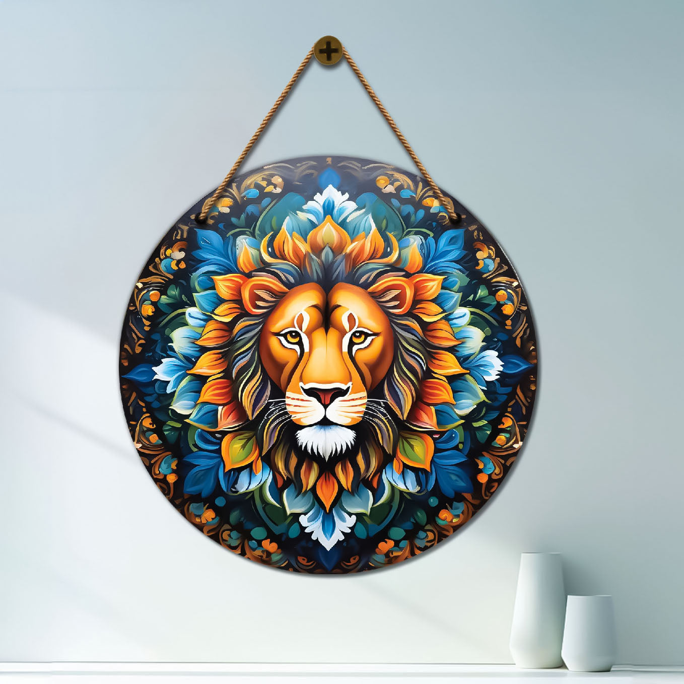 Lion in blue and yellow mandala Round Wooden Wall Hanging for wall Décor - Design - 246