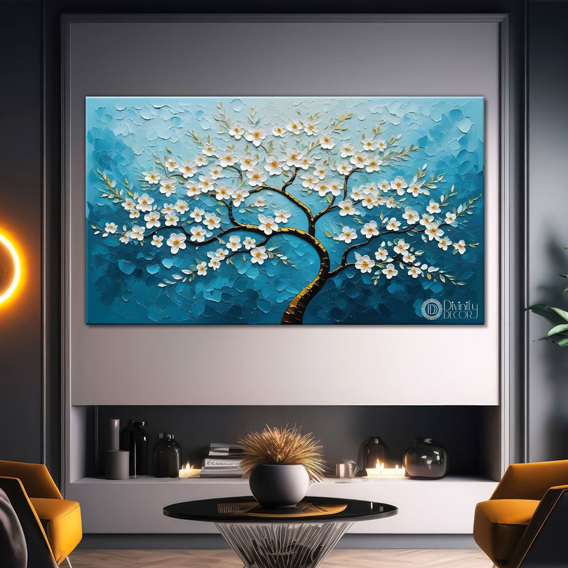 White flower tree in textured background oil painting- Design - Tree-246