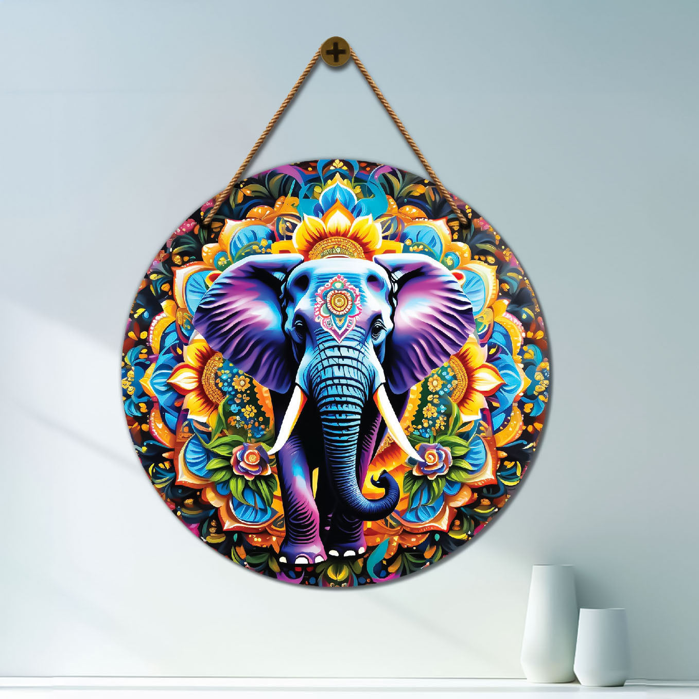 Elephant in blue and purple mandala Round Wooden Wall Hanging for wall Décor - Design - 247