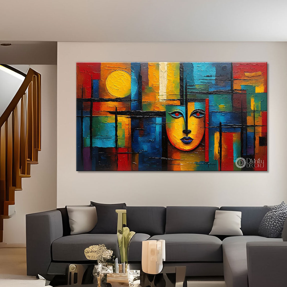 Sun and face in colorful background textured art Canvas Painting - Design - Modern-L-247