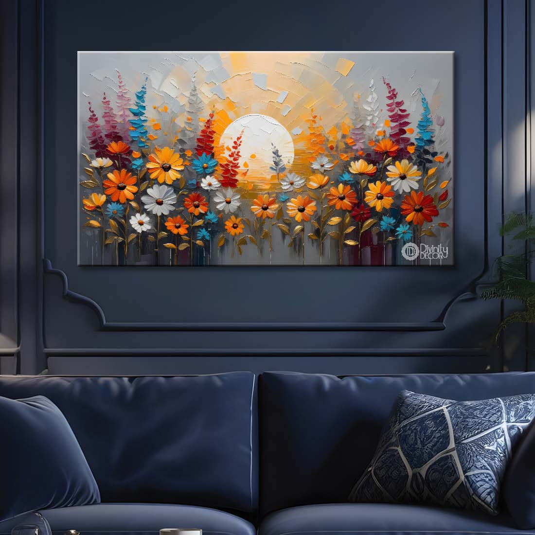 Colorful flowers with sunrise textured painting- Design - Flower-248