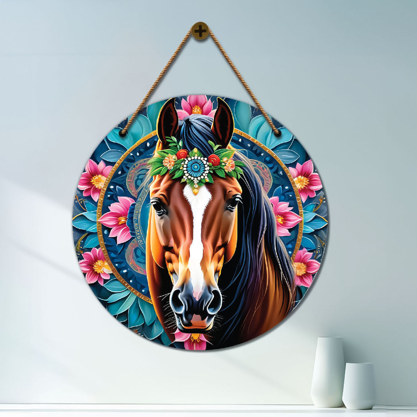 Horse in blue and purple mandala Round Wooden Wall Hanging for wall Décor - Design - 248