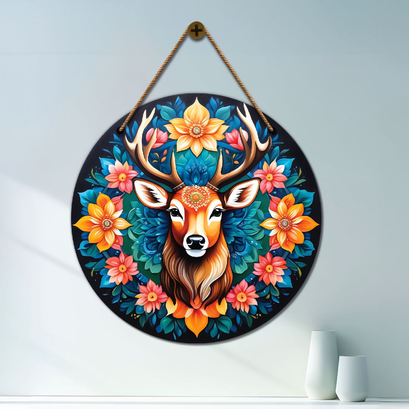Deer in blue and orange mandala Round Wooden Wall Hanging for wall Décor - Design - 249