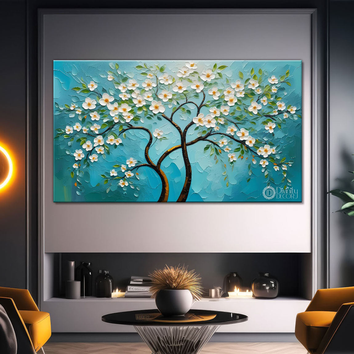 White flower tree in textured background oil painting- Design - Tree-249