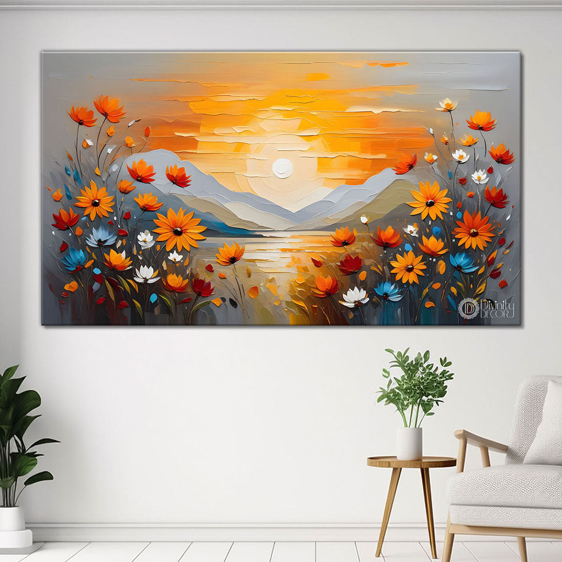 Mountains with flowers and sunset painting Canvas Painting - Nature Art -249