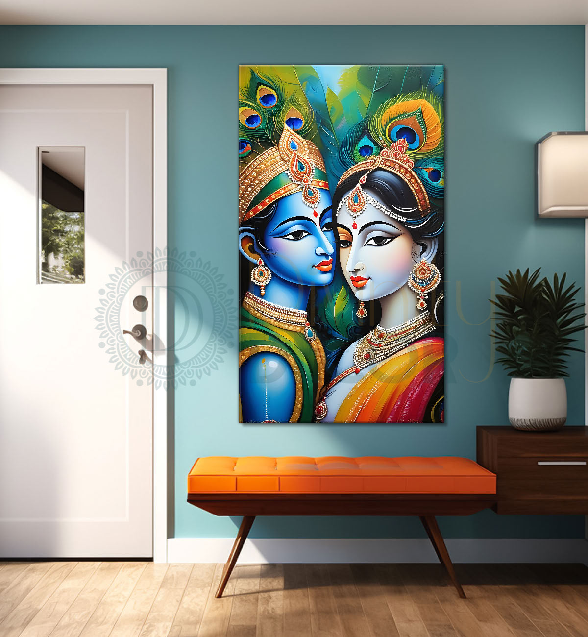 Blue face of krishna with radha in peacock feathers background textured art  Canvas Painting - Design - Krishna-V-24