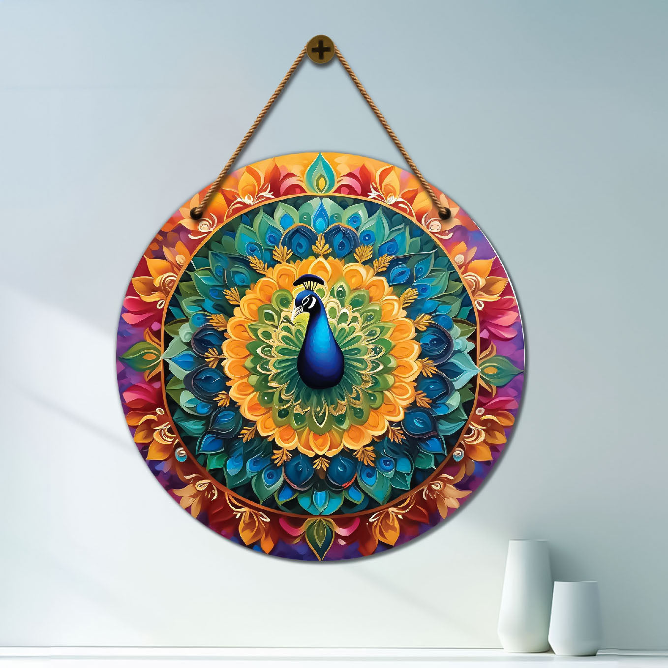 Peacock in green and purple mandala Round Wooden Wall Hanging for wall Décor - Design - 250