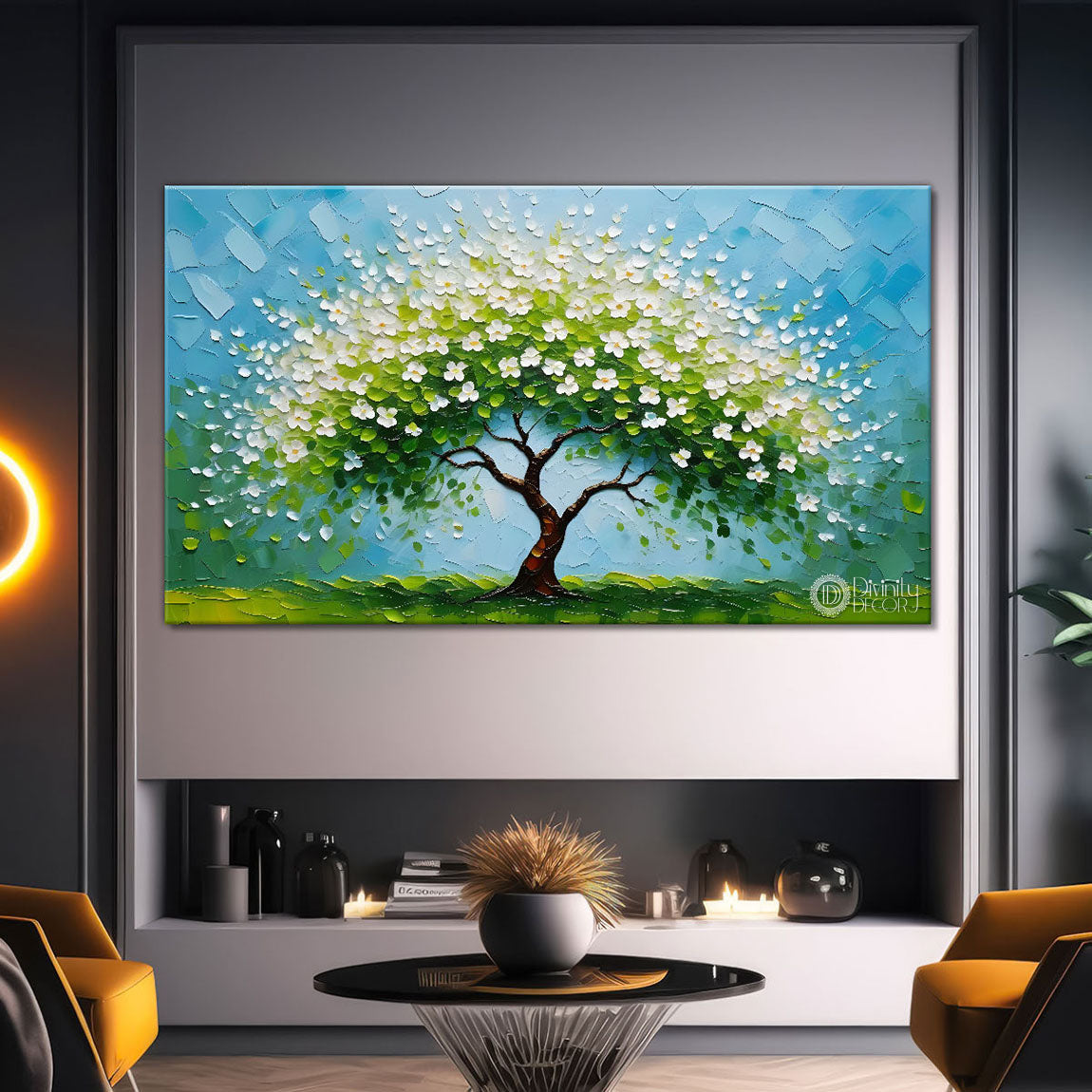 White flower tree in textured background oil painting- Design - Tree-250
