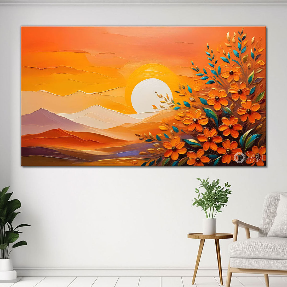 Mountains with flowers and sunset painting Canvas Painting - Nature Art -250