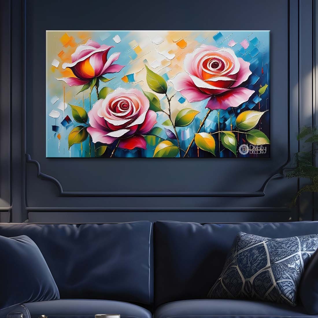 Pink roses with blue textured background painting- Design - Flower-250