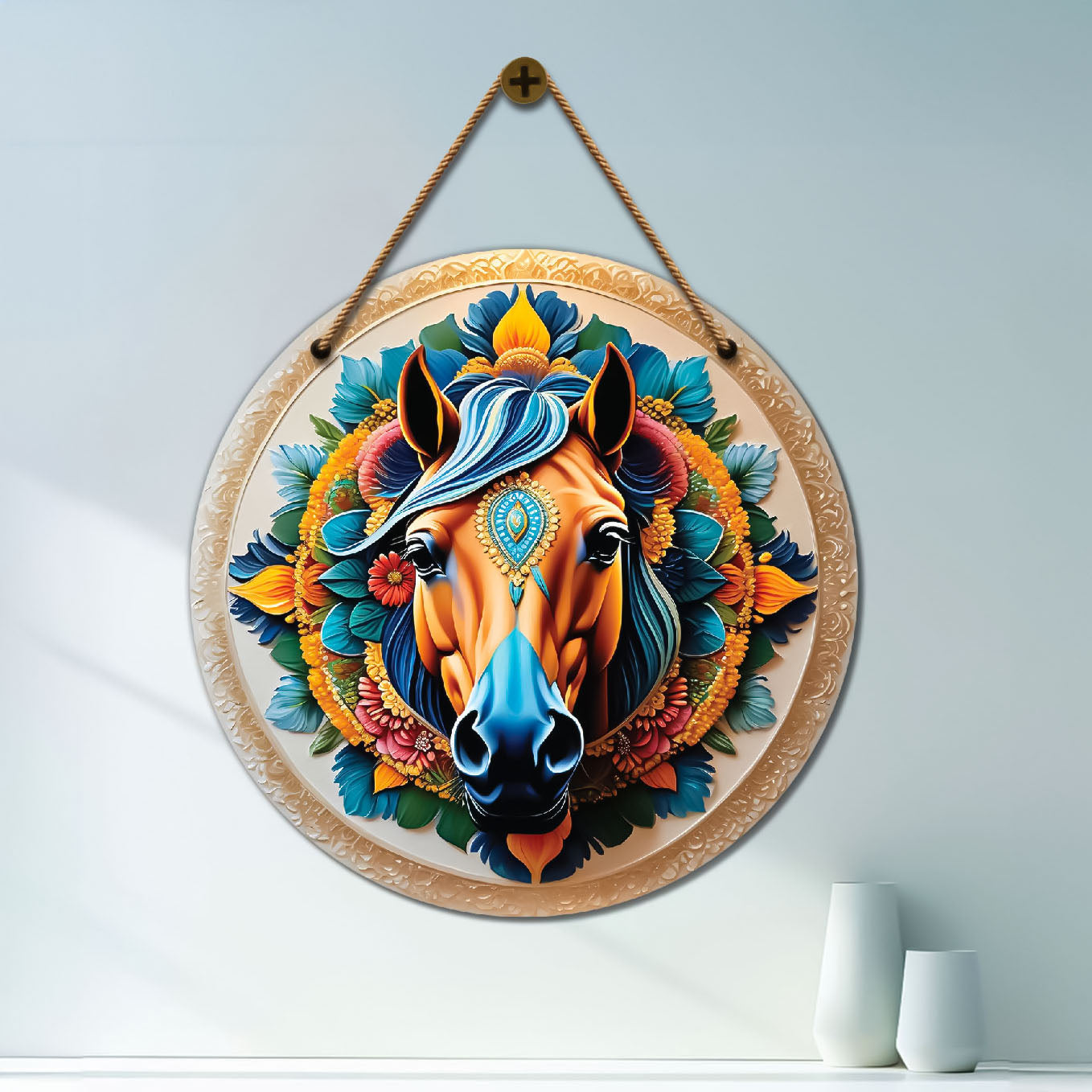Horse in green and orange mandala Round Wooden Wall Hanging for wall Décor - Design - 251