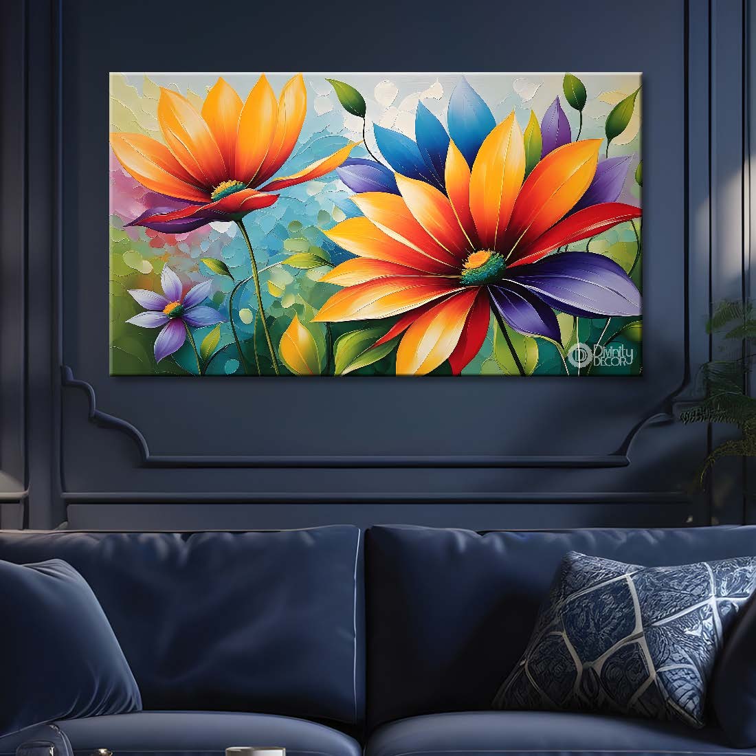 Orange flowers in blue background- Design - Flower-251