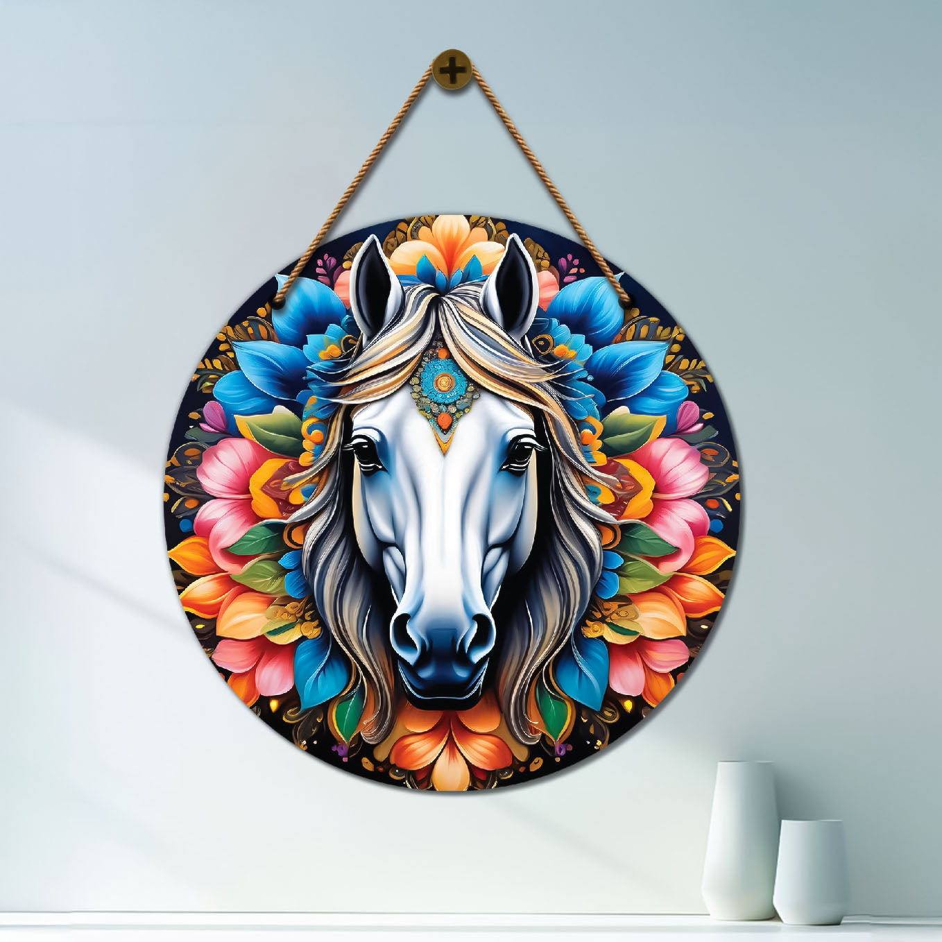 Horse in blue and orange mandala Round Wooden Wall Hanging for wall Décor - Design - 252