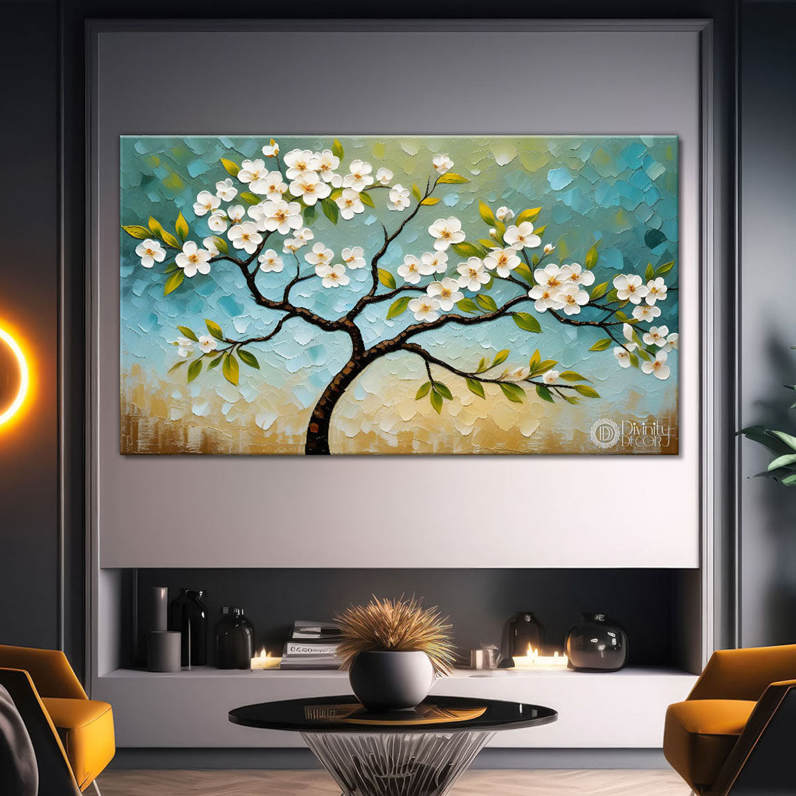 White flower tree in textured background oil painting- Design - Tree-252