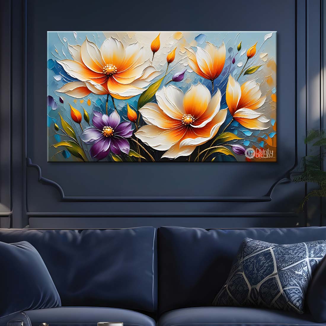 White flowers in blue background- Design - Flower-252