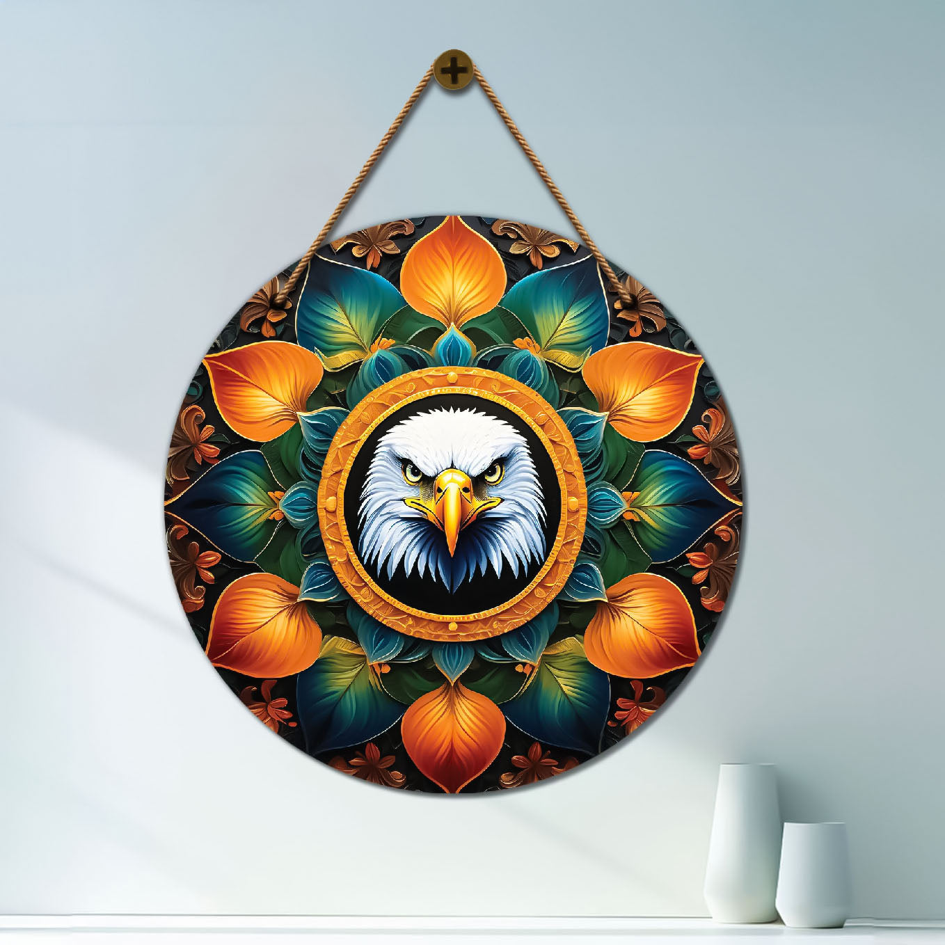 Eagle in green and yellow mandala Round Wooden Wall Hanging for wall Décor - Design - 253
