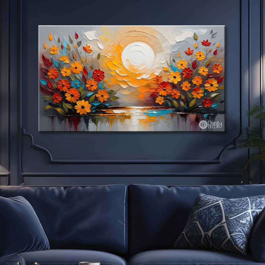 Colorful flowers with the lake and sun background painting - Flower-253
