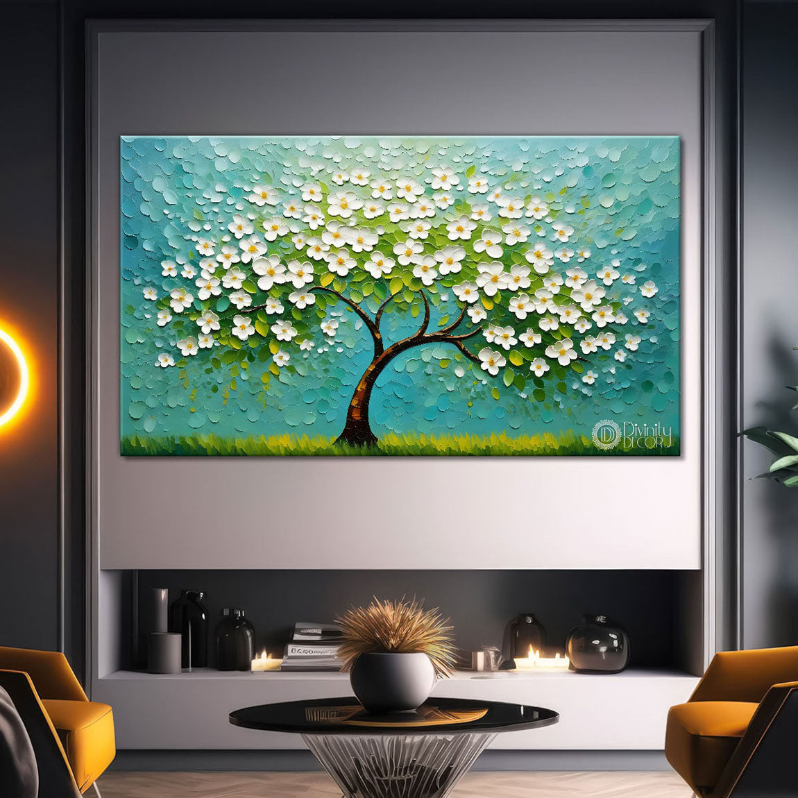 White flower tree in textured background oil painting- Design - Tree-253