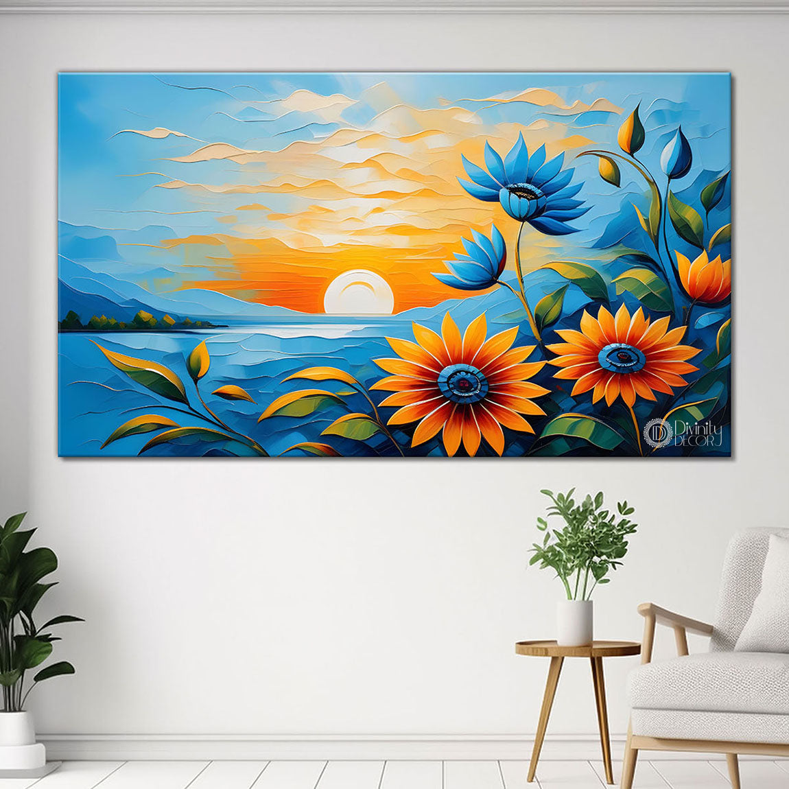 Flowers with sunset textured painting Canvas Painting - Nature Art -253
